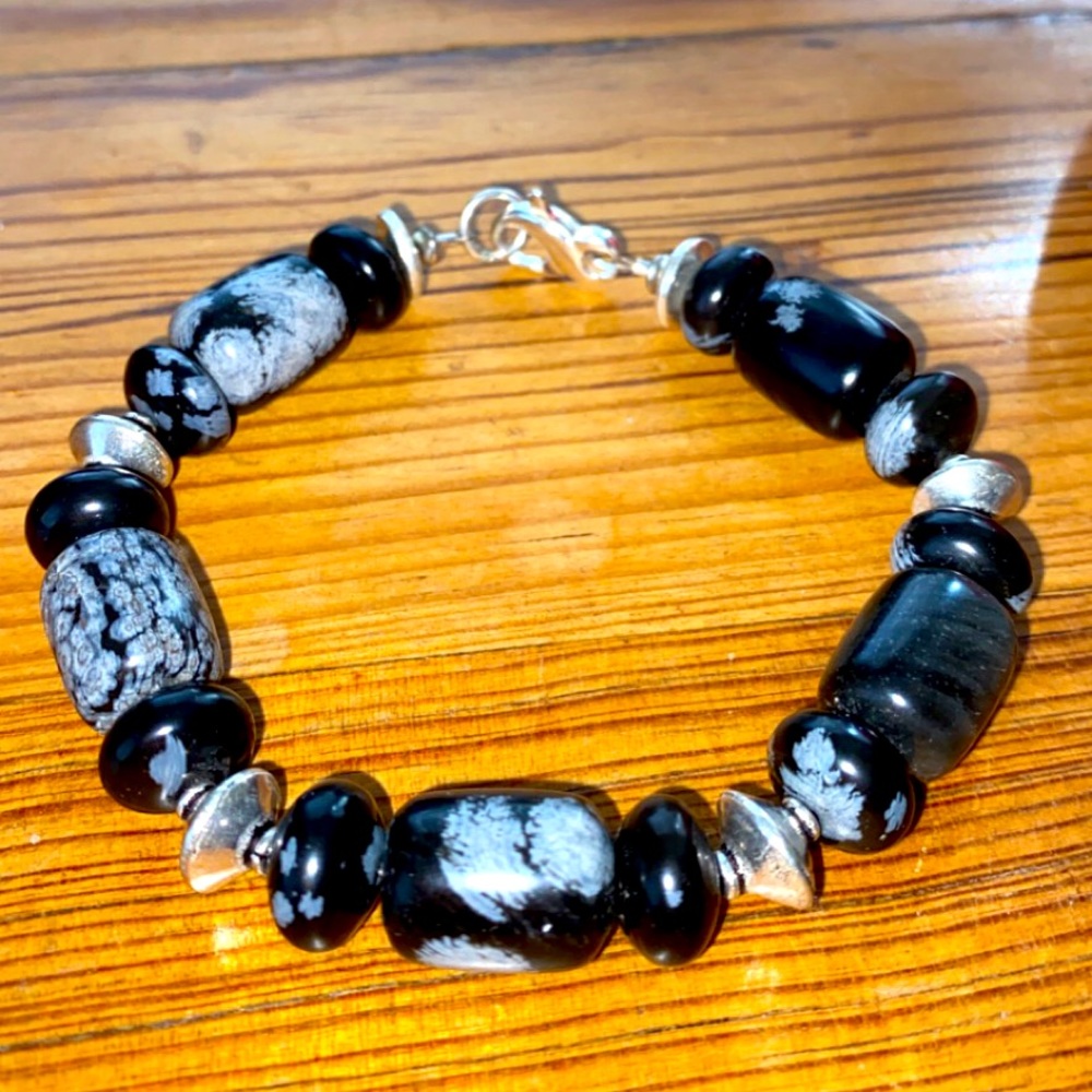 Snowflake obsidian and sterling silver bracelet